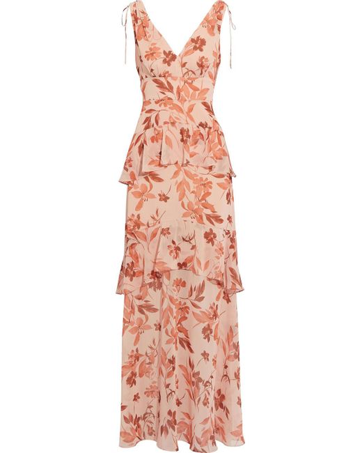 ML Monique Lhuillier Multicolor Sienna Foliage Tiered Ruffled Floral-print Georgette Maxi Dress