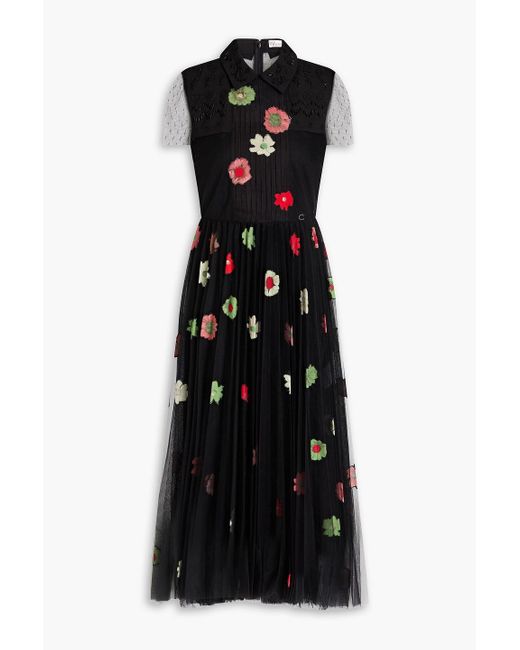 RED Valentino Black Bead-embellished Embroidered Taffeta And Tulle Midi Dress