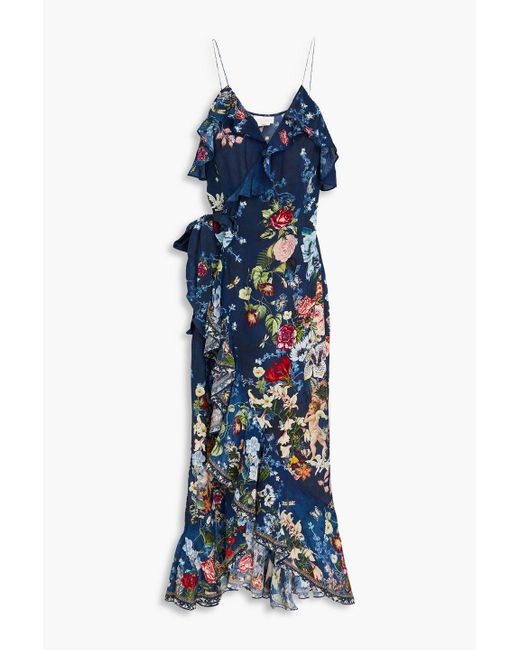 Camilla Blue Embellished Ruffled Floral-print Silk Crepe De Chine Maxi Dress