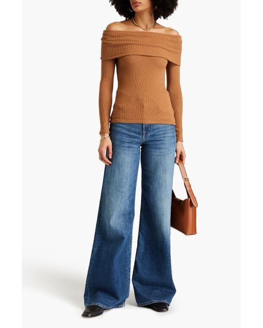 Enza Costa Brown Off-the-shoulder Ribbed-knit Sweater