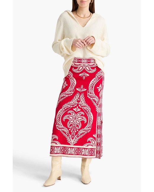 Farm Rio Red Jacquard-knit Midi Skirt