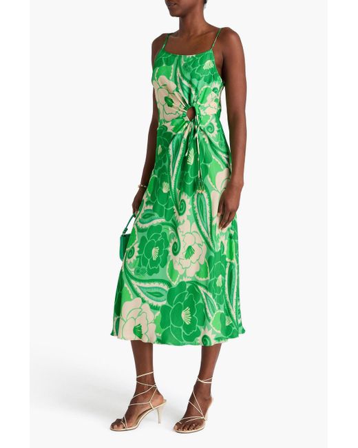 Farm Rio Green Slip dress in midilänge aus satin mit floralem print und cut-outs