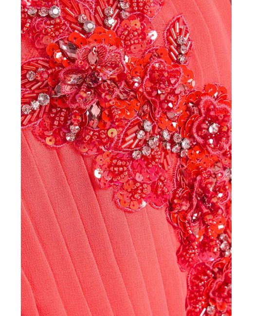 Badgley Mischka Red Strapless Embellished Pleated Chiffon Gown