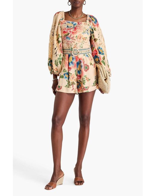 Farm Rio Orange Guipure Lace-trimmed Floral-print Linen-blend Playsuit