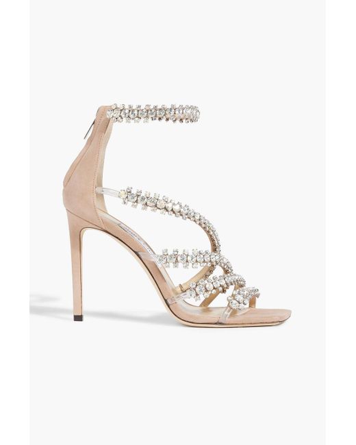Jimmy Choo White Josefine 100 Crystal-embellished Suede And Pvc Sandals