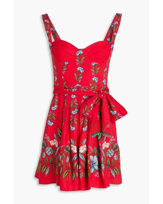 Farm Rio Red Pleated Floral-print Linen-blend Mini Dress