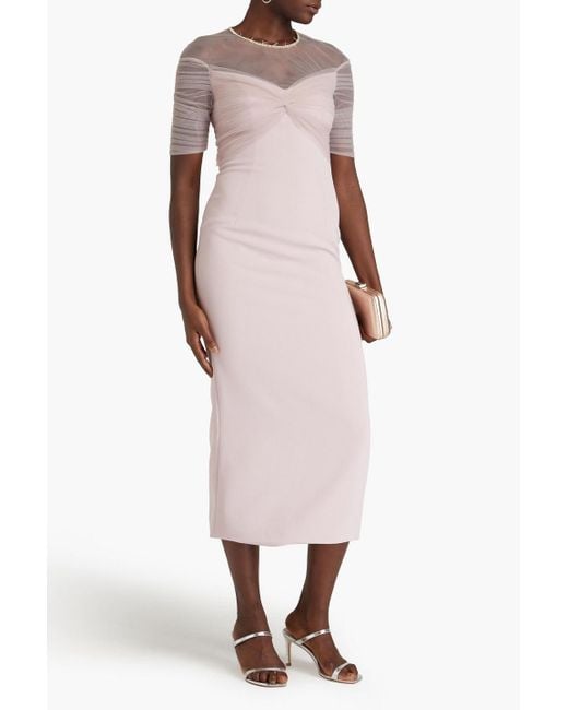 Jenny Packham Pink Crystal-embellished Tulle-paneled Crepe Midi Dress