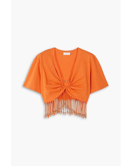 Rabanne Orange Cropped Fringed Embellished Cotton-Jersey Top