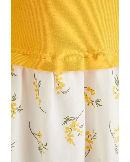 Claudie Pierlot Yellow Midikleid aus webstoff mit floralem print, flammgarneffekt und einsätzen aus baumwoll-jersey
