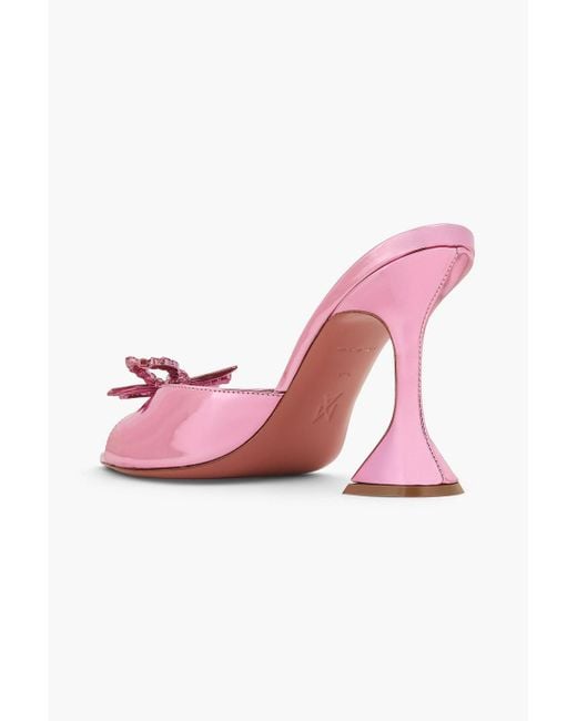 AMINA MUADDI Pink Rosie Crystal-Embellished Bow-Detailed Mirrored-Leather Mules