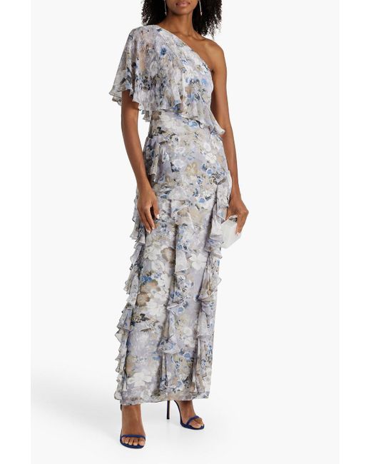Mikael Aghal Gray One-shoulder Ruffled Floral-print Chiffon Gown
