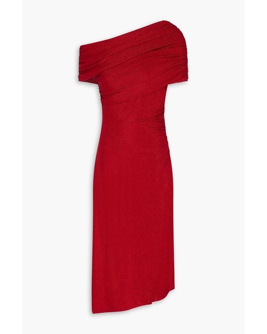 Diane von Furstenberg Red Agustin One-shoulder Ruched Metallic Jersey Midi Dress