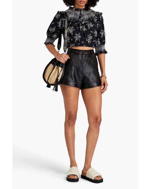 Sea Black Cropped Shirred Floral-print Cotton Top