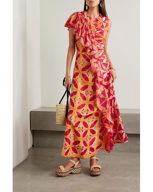Ulla Johnson Red Lali Ruched Ruffled Printed Silk Maxi Dress