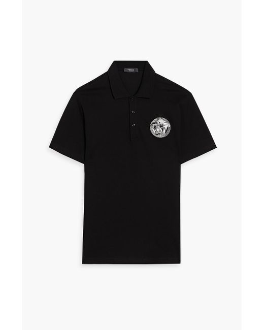 Versace Black Appliquéd Cotton-piqué Polo Shirt for men
