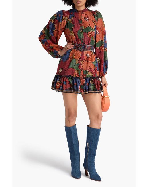 Farm Rio Red Ruffled Printed Crepe Mini Shirt Dress