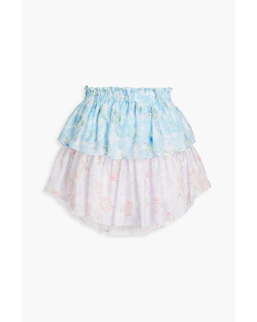 LoveShackFancy Blue Minirock aus seidenchiffon mit floralem print und rüschen