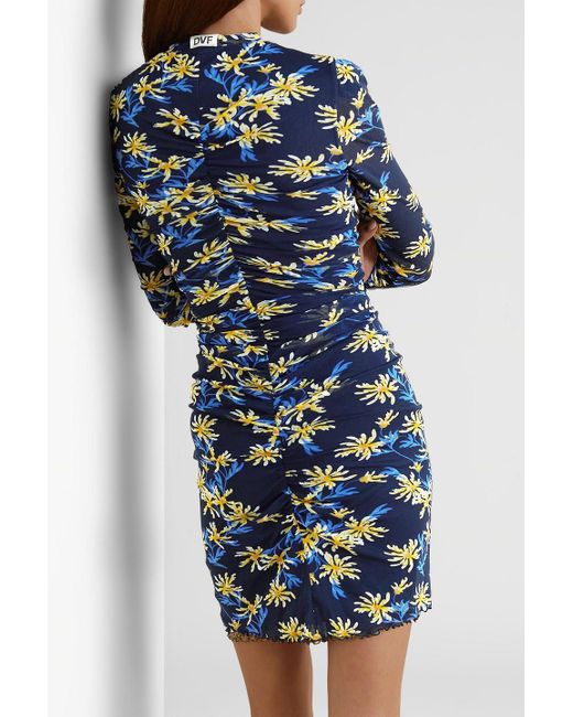 Diane von Furstenberg Blue Azula Reversible Ruched Floral-print Stretch-mesh Mini Dress