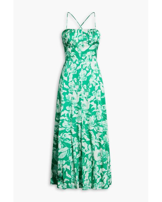 Maje Green Pleated Floral-Print Woven Midi Dress