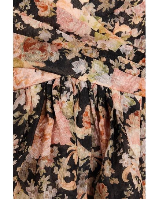 Zimmermann Natural Pleated Floral-print Linen And Silk-blend Mini Dress