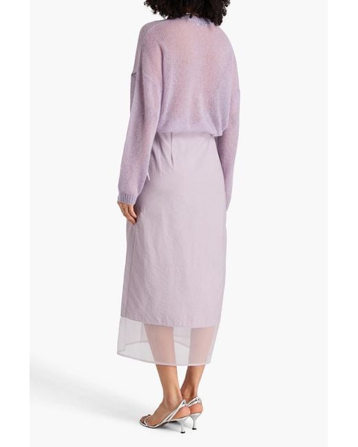 Brunello Cucinelli Purple Organza-paneled Cotton-blend Twill Midi Wrap Skirt