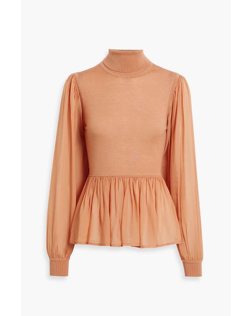 Ulla Johnson Orange Liana Chiffon-Paneled Wool And Silk-Blend Turtleneck Top