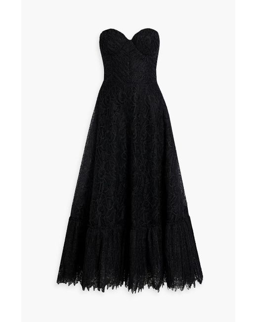 Costarellos Black Strapless Guipure Lace Maxi Dress