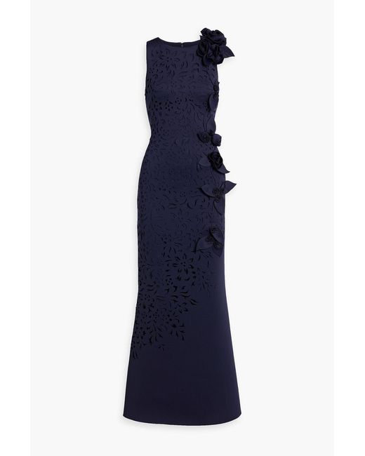 Badgley Mischka Blue Appliquéd Laser-Cut Scuba Gown