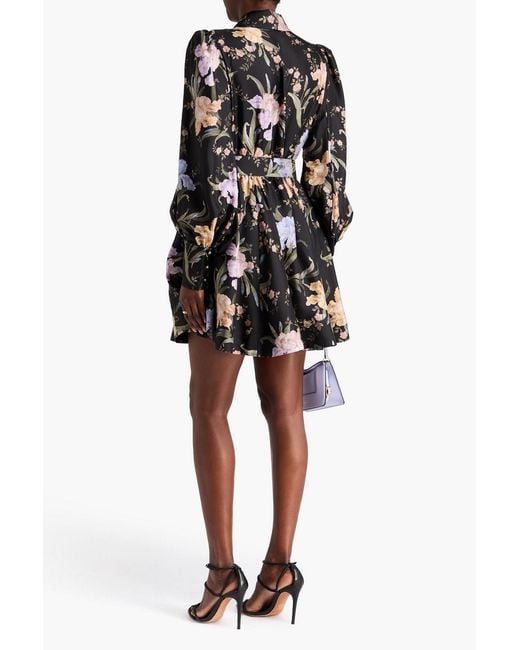 Zimmermann Black Belted Floral-Print Silk-Twill Mini Shirt Dress