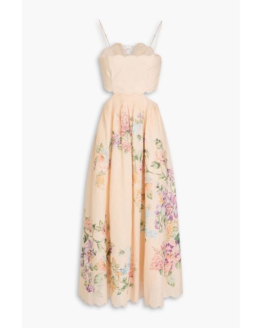 Zimmermann Natural Cutout Floral-Print Linen Midi Dress
