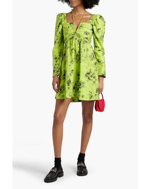 Ganni Green Ruched Floral-print Cotton-poplin Mini Dress