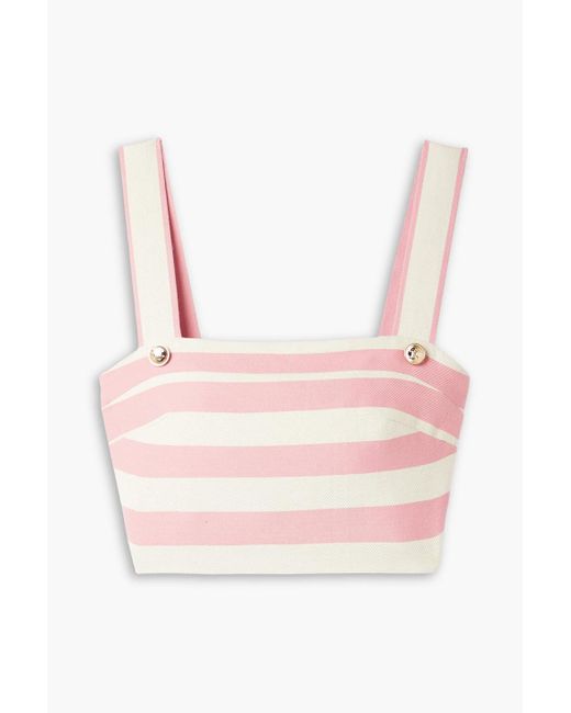 Miguelina Pink Isabella Cropped Button-embellished Striped Cotton-twill Top