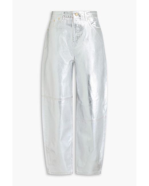 Ganni White Coated High-Rise Barrel-Leg Jeans