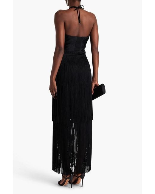 Jonathan Simkhai Black Baldwin Fringed Draped Crepe Halterneck Maxi Dress