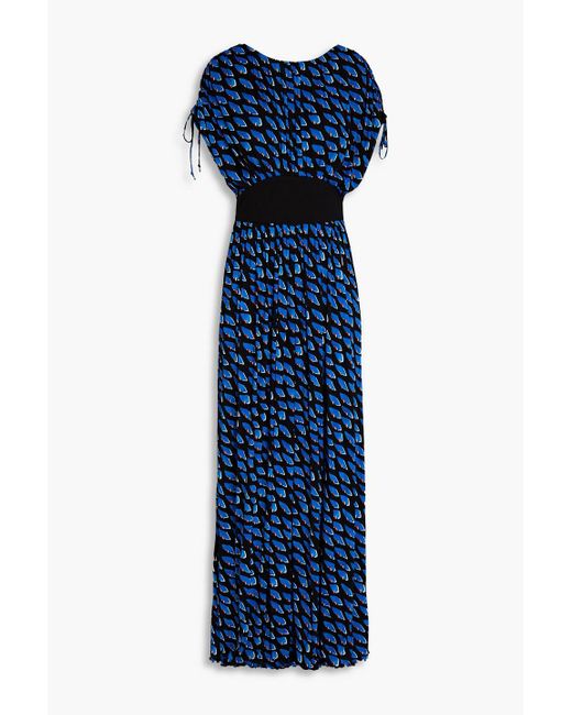 Diane von Furstenberg Blue Andra Printed Stretch-mesh Wide-leg Jumpsuit