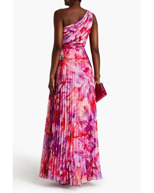 Marchesa Pink One-shoulder Pleated Floral-print Chiffon Gown
