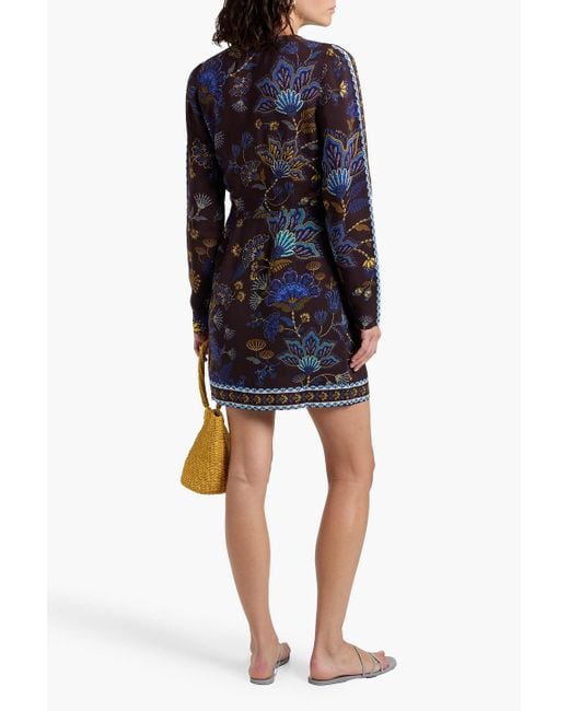 Farm Rio Blue Printed Crepe Mini Wrap Dress