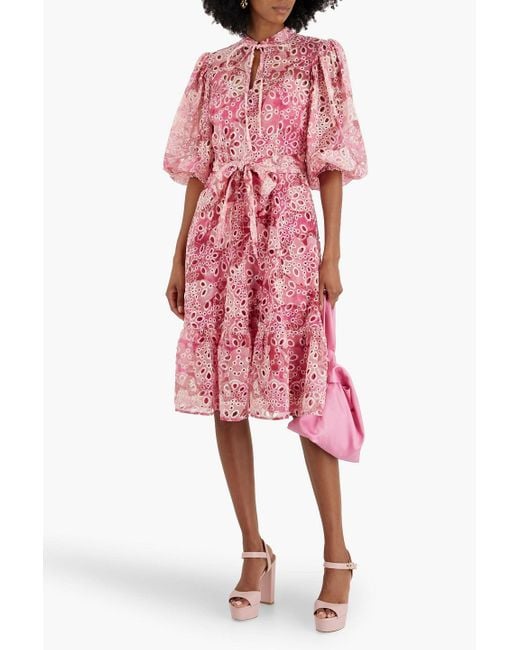 Mikael Aghal Pink Ruffled Printed Broderie Anglaise Midi Dress