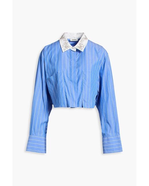 Sandro Blue Cropped Striped Cotton-Poplin Shirt