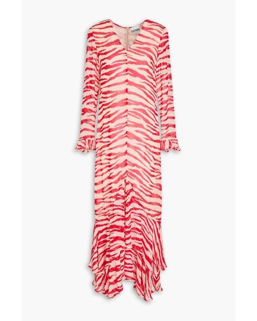 Ganni Red Ruffled Tiger-print Chiffon Maxi Dress