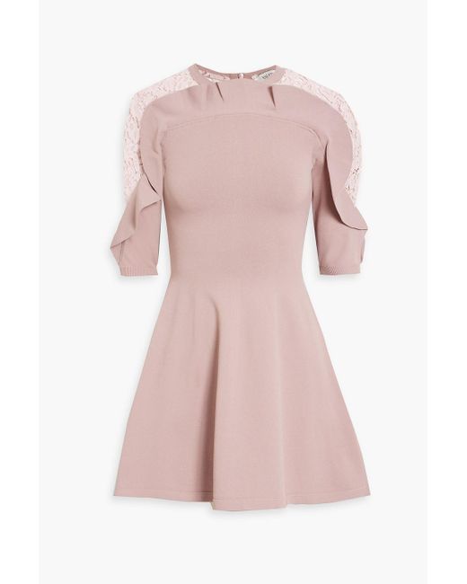 Valentino Garavani Pink Lace-trimmed Ruffled Knitted Mini Dress