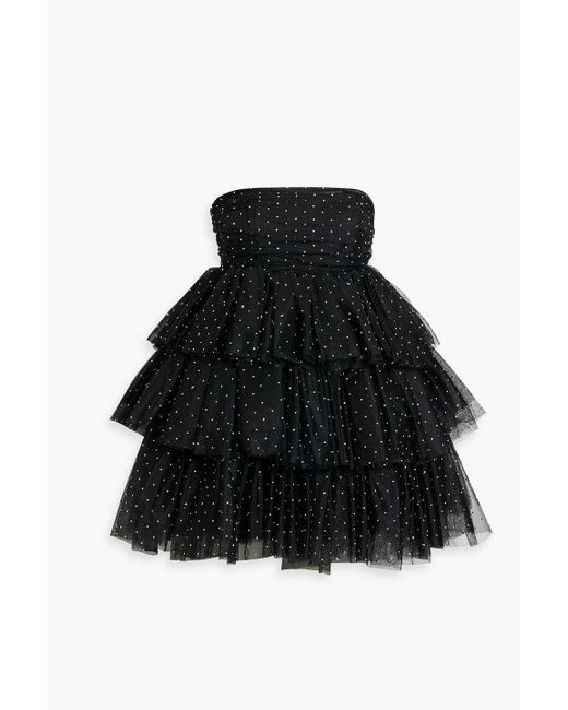 ROTATE BIRGER CHRISTENSEN Black Strapless Tiered Crystal-embellished Tulle Mini Dress