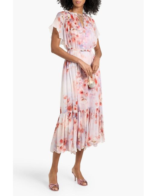 Zimmermann Pink Belted Scalloped Floral-Print Chiffon Midi Dress