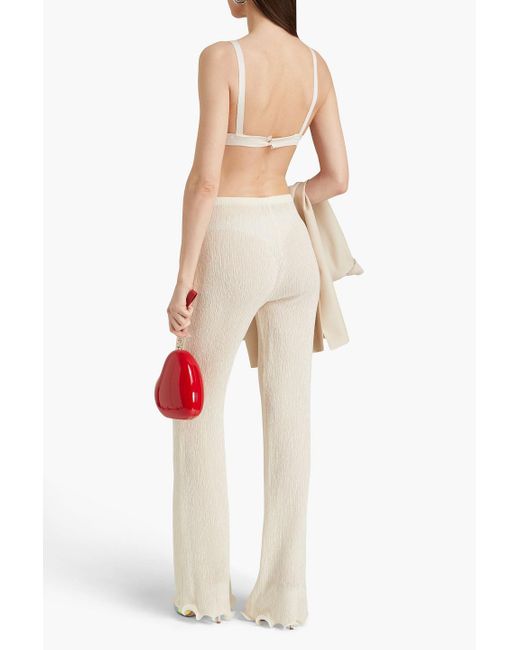 Magda Butrym White Appliquéd Lyocell-blend Plissé-crepe Flared Pants