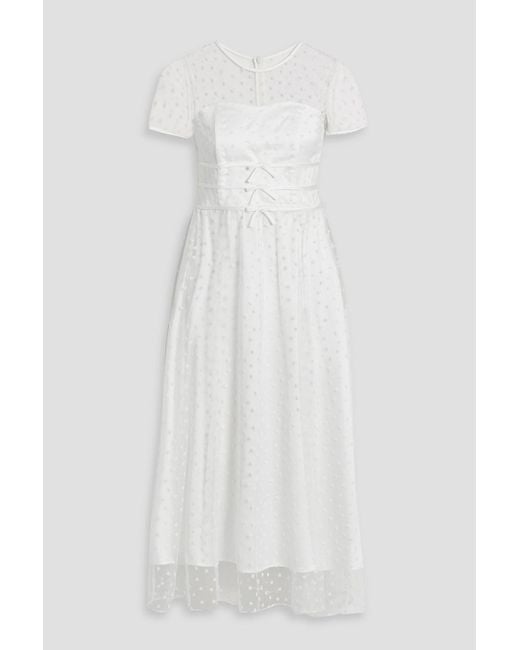 HVN White Scarlett Bow-detailed Flocked Tulle Midi Dress