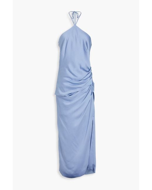 Jonathan Simkhai Blue Ruched Satin-Crepe Halterneck Midi Dress