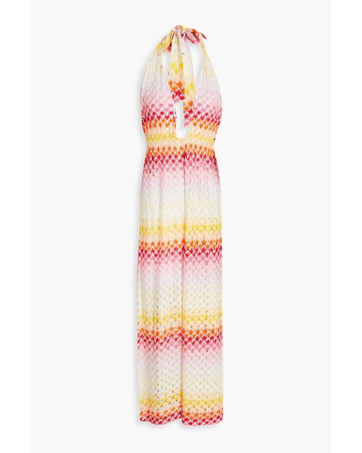 Missoni White Metallic Crochet-Knit Halterneck Jumpsuit