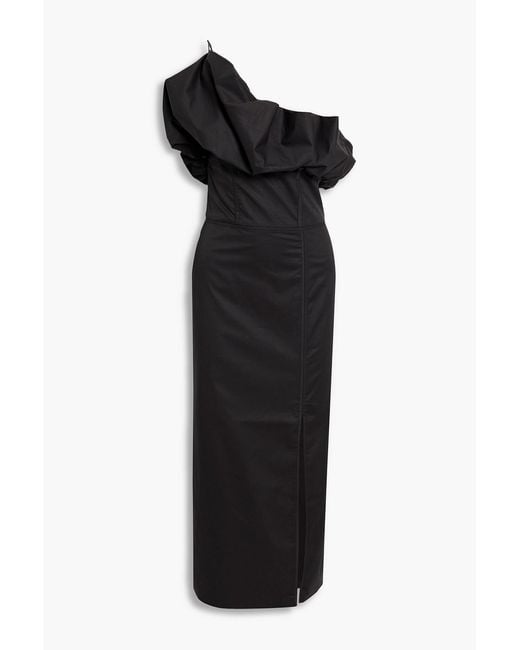 Johanna Ortiz Black Noche Habanera One-Shoulder Cotton-Blend Poplin Midi Dress