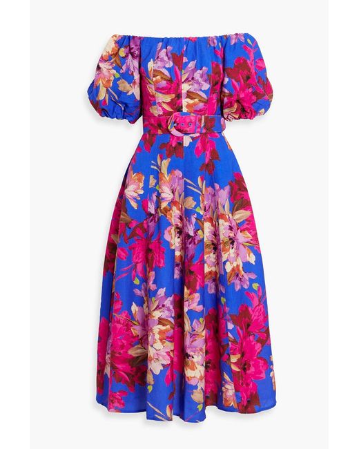 Nicholas Blue Off-the-shoulder Floral-print Linen-blend Midi Dress
