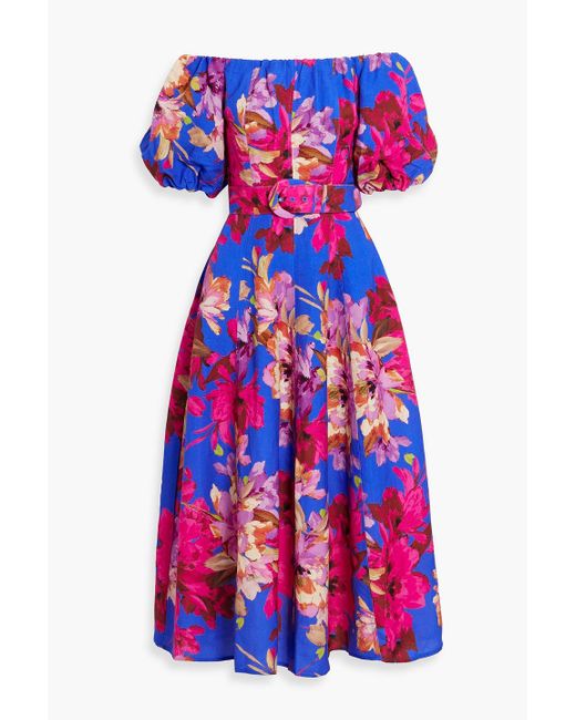 Nicholas Blue Off-the-shoulder Floral-print Linen-blend Midi Dress